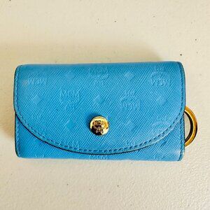 MCM BLUE SAFFIANO LEATHER SIGNATURE MONOGRAM LOGO KEY HOLDER